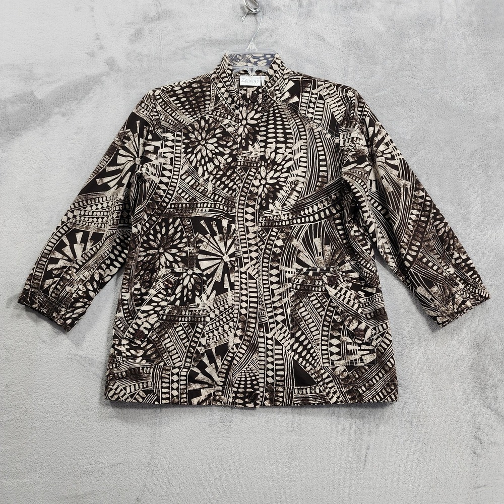 Zenergy‎ By Chico's Jacket Womens 0 2/S Brown Geometric Button Front 3/4 Sleeve